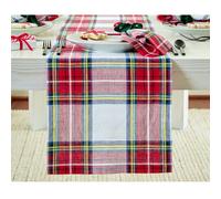 Solino Home Linen Plaid Table Runner 48 Inches - 100% Pure Linen Stewart Tartan Plaid White Short Table Runner 14 x 48 Inch Ideal for Dresser and Coffee Tables