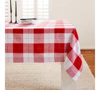 Solino Home Plaid Tablecloth 60 x 144 Inch - 100% Pure Linen Red and White Very Merry Tartan Plaid Table Cloth for Rectangle Tables - Machine Washable Tablecloth