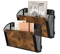 Solinxe 2-Pocket Wood Desk Tidy Organiser, A4 Wall Mounted Document Holder, Vertical Magazine Rack, Metal Wall Hanging Storage Organiser for Office Accessories Stationery Supplies, Black/Antique