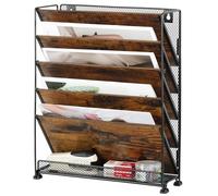 Solinxe 5-Pocket Wood Desk Tidy Organiser, A4 Wall Mounted Document Holder, Vertical Magazine Rack, Wall Hanging Storage Organiser in Tray for Office Accessories Stationery Supplies, Black/Antique