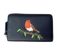 Solis Accessories Embroidered Robin on Branch Zip-Around Card & Coin Purse Wallet - Faux Leather - Concertina Interior - 16 × 10 × 2.5 cm (Dark Blue)