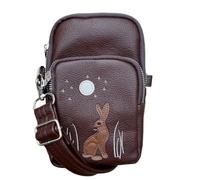 Solis Accessories Moonlit Warren Rabbit & Moon 3-Zip Crossbody Bag - Faux Leather - Appliqué - Adjustable/Detachable Strap - 19 × 11 × 4.5 cm - 3 Lined Compartments (Chocolate)