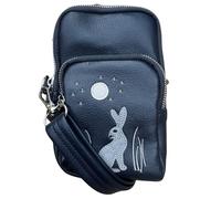 Solis Accessories Moonlit Warren Rabbit & Moon 3-Zip Crossbody Bag - Faux Leather - Appliqué - Adjustable/Detachable Strap - 19 × 11 × 4.5 cm - 3 Lined Compartments (Dark Blue)
