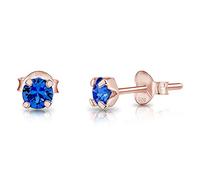 Solitaire Stud Earrings 925 Sterling Silver Rose Gold Plated 18K - Small Gold Studs for Women 4 mm - Minimalist Sparkle Stud Earrings with Blue Sapphire Crystal