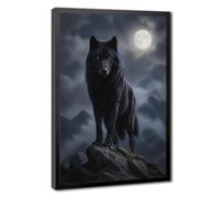 Solitary Black Wolf Standing On Rocky Mountain Peak Under Cloudy Full Moon Sky Canvas Wall Art Poster, Dark Moody Wildlife Landscape Print, Gothic Art For Man Cave Dark Themed Cabin Bedroom Black Fram