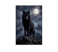 Solitary Black Wolf Standing On Rocky Mountain Peak Under Cloudy Full Moon Sky Canvas Wall Art Poster, Dark Moody Wildlife Landscape Print, Gothic Art For Man Cave Dark Themed Cabin Bedroom 24x36inch