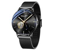 SOLLEN Black Men's Skeleton Watches, Stylish Minimalist Automatic Mechanical Watches, 30M/3ATM Waterproof Cool Self-Winding Watch with Luminous Hands & Seconds Subdial, Casual Fashion Business Luxury