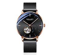 SOLLEN Men's Skeleton Automatic Watches, Black Minimalist Mens Mechanical Watches with Luminous Hands & Second Subdial, Stainless Steel Waterproof Stylish Luxury Dress Self-Winding Watch for Daily Use