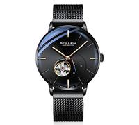 SOLLEN Men's Skeleton Automatic Watches, Black Minimalist Mens Mechanical Watches with Luminous Hands & Second Subdial, Stainless Steel Waterproof Stylish Luxury Dress Self-Winding Watch for Daily Use