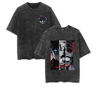 Solo Leveling Retro Washed T-Shirt - Unisex Anime Short Sleeve Tee, Vintage Oversized Merchandise for Men, Women & Boys (Black-C,XL)
