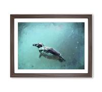 Solo Swimming Penguin In Abstract Modern Art Framed Print | A3 Walnut Framed Wall Art | Ready to Hang | Abstract Fantasy Picture | Living Room Bedroom Lounge Office