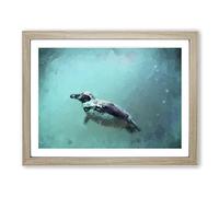 Solo Swimming Penguin In Abstract Modern Art Framed Print | A4 Oak Framed Wall Art | Ready to Hang | Abstract Fantasy Picture | Living Room Bedroom Lounge Office
