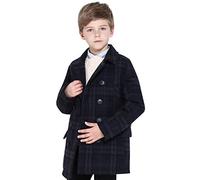SOLOCOTE Boys Coat Elegant Notched Collar Double Breasted Wool Blend Over Pea Coat, SLN6005 Navy/Grey Check 11-12Y