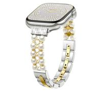 SOLOLUP Slim Pearl Beaded Bracelet for Apple Watch Bands Women SE 3/2 44mm 45mm 46mm 42mm 49mm,Thin Dressy Metal Jewelry Band Adjustable Bead Strap for iWatch 11 10 9 8 7 6 5 4 3 Ultra,Silver-Gold