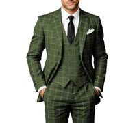 Solovedress Suits for Men, 3-Piece Classic Checked Men's Suit, Jacket, Trousers, Vest for Weddings and Business, olive green, XXL
