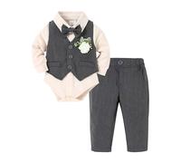 SOLOYEE Baby Boys Formal Suit, Infant Gentleman Wedding Outfit Newborn Bodysuit + Pants + Waistcoat + Bow Tie + Corsage Christening Clothes 5Pcs Set (Grey, 12-18 Months)