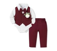 SOLOYEE Baby Boys Formal Suit, Infant Gentleman Wedding Outfit Newborn Bodysuit + Pants + Waistcoat + Bow Tie + Corsage Christening Clothes 5Pcs Set (Red, 3-6 Months)