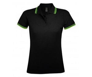 SOLS Womens/Ladies Pasadena Tipped Short Sleeve Pique Polo Shirt (Black/Lime) Cotton - Size Large