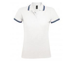 SOLS Womens/Ladies Pasadena Tipped Short Sleeve Pique Polo Shirt (White/Navy) Cotton - Size Medium