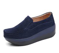 Solshine Women's Suede Leather Platform Wedge Heel Light Weight Slip On Loafers Casual Shoes Dark Blue 6.5UK