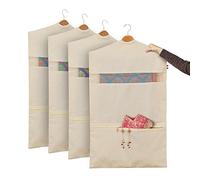 SOLSTICE Hanging Cotton Saree Covers/Bags Of 30 X 18 (Inches) For Clothes Storage, Wardrobe Organizer (Hangers Are Not Included, Double Pocket - Pack 4Off White)