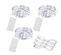 soltuus 3 Pack Rechargeable String Fairy Lights 10ft 30 LED, Christmas Starry Lighting Silver Copper Wire 4 Modes, Waterproof Cool White Micro Firefly Moon Light with USB Cable