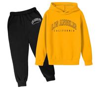 SoLu DAY8 Boys Tracksuit Set 3-13 Years Fall Winter Long Sleeve Hoodie Pullover Sweatshirt and Pants Clothing Sets Child Kids Teens 2 Piece Letter Printed Casual Jogging Running (Yellow, 11-12 Years)