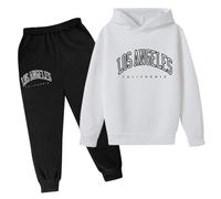 SoLu DAY8 Boys Tracksuit Set 3-14 Years Los Angeles Long Sleeve Hoodie Pullover Sweatshirt and Pants Clothing Sets Child Kids Teens 2 Piece Fall Winter Casual Running Jogging (White, 11-12Years)