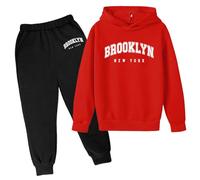 SoLu DAY8 Boys Tracksuit Set Letter Printed 3-13 Years Fall Winter Long Sleeve Hoodie Pullover Sweatshirt and Pants Clothing Sets Child Kids Teens 2 Piece Casual Jogging Running (Red, 9-10 Years)
