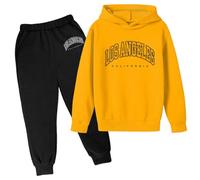 SoLu DAY8 Boys Tracksuit Set Long Sleeve Hoodie Pullover Sweatshirt and Pants Clothing Sets Child Kids Teens 2 Piece Fall Winter Casual Jogging Running Letter Printed 3-13 Years (Yellow, 3-4 Years)