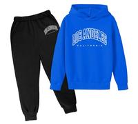 SoLu DAY8 Boys Tracksuit Set Long Sleeve Hoodie Pullover Sweatshirt and Pants Clothing Sets Child Kids Teens 2 Piece Fall Winter Casual Jogging Running Letter Printed 3-13 Years (Blue, 7-8 Years)