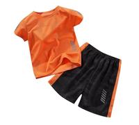 SoLu DAY8 Clothing Kids Boys Set Age 1-14 Years Funny Graphic Summer Tracksuit Full Set Teenage Boys 2 Piece Shorts and T Shirts Short Sleeve Cute Cartoon Casual Jogging Running (Orange, 5-6 Years)