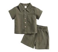 SoLu DAY8 Clothing Set Kids Boys Age 1-12 Years Cotton Linen Short Sleeve Button Shirts and Shorts for Teenage Boys 2 Piece Lightweight Summer Comfy Loose fit Casual (8-9 Years, Green)