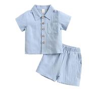 SoLu DAY8 Clothing Set Kids Boys Age 1-12 Years Cotton Linen Short Sleeve Button Shirts and Shorts for Teenage Boys 2 Piece Lightweight Summer Comfy Loose fit Casual (10-11 Years, Blue)