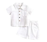 SoLu DAY8 Clothing Set Kids Boys Age 1-12 Years Cotton Linen Short Sleeve Button Shirts and Shorts for Teenage Boys 2 Piece Lightweight Summer Comfy Loose fit Casual (4-5 Years, White)
