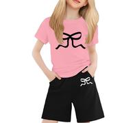 SoLu DAY8 Girls Outfit Sets Kids Age 2-13 Year Bow Print Crewneck Short Sleeve T Shirts Tops and Shorts Cute Sets for Teenage Girls Clothing Fashion Summer Casual Beach Vacation (6-7 Years)