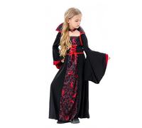 SoLu DAY8 Halloween Costume Kids Girls Evil Queen Long Evening Fancy Dress with Necklace Teen Girls Vampire Costume Hooded Cape Gothic Maxi Dress Carnival Performance 5-14 Years (Black, 8-10 Years)