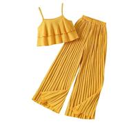 SoLu DAY8 Kids Clothes Sets for Girls 7-12 Years Ruffle Camisole Tops and Wide Leg Pleated Trousers Teenage Girls Summer Lightweight Elegant Casual Party Outfits 2 Piece (Yellow, 11-12 Years)