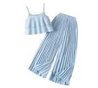 SoLu DAY8 Kids Clothes Sets for Girls 7-12 Years Ruffle Camisole Tops and Wide Leg Pleated Trousers Teenage Girls Summer Lightweight Elegant Casual Party Outfits 2 Piece (Blue, 9-10 Years)