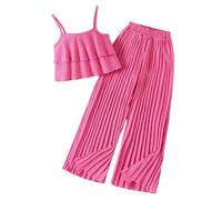 SoLu DAY8 Kids Clothes Sets for Girls 7-12 Years Ruffle Camisole Tops and Wide Leg Pleated Trousers Teenage Girls Summer Lightweight Elegant Casual Party Outfits 2 Piece (8-9 Years)