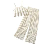 SoLu DAY8 Kids Clothes Sets for Girls 7-12 Years Ruffle Camisole Tops and Wide Leg Pleated Trousers Teenage Girls Summer Lightweight Elegant Casual Party Outfits 2 Piece (Beige, 11-12 Years)