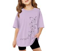 SoLu DAY8 Kids Short Sleeve Butterfly T Shirts Girls Age 3-13 Years Round Neck Summer Tshirts Teenage Girls Fashion Graphic Cute Cartoon Casual Jogging Athletic School Blouse Tops (Purple, 4-5 Years)