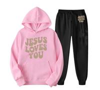 SoLu DAY8 Kids Sportswear Girls Tracksuit Age 3-12 Years Winter Graphic Long Sleeve Hoodie Pullover Sweatshirt + Trousers Pant Set for Girls Children's Fashion Jesus Loves You (8-10 Years)