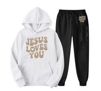 SoLu DAY8 Kids Sportswear Girls Tracksuit Age 3-12 Years Winter Graphic Long Sleeve Hoodie Pullover Sweatshirt + Trousers Pant Set for Girls Children's Fashion Jesus Loves You (White, 11-12 Years)