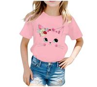 SoLu DAY8 Kids T Shirts Girls Age 2-14 Years Cat Funny Graphic Short Sleeved Crewneck Tshirts for Teenage Girls Spring Summer Casual Jogging Running Cartoon Cute Blouse (8-10 Years) Pink