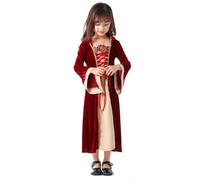 SoLu DAY8 Medieval Fancy Dress with Hood Kids Girls Long Sleeves Halloween Costumes for Girls 4-12 Years Embroidered Jacquard Gothic Maxi Dress Festival Carnival Performance (Red, 9-10 Years)