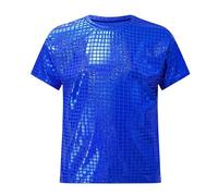 SoLu DAY8 Shiny Sequin T Shirt Kids Boys 2-18 Years Square Checkered Crew Neck Short Sleeved Tshirt for Teenagers Boys Cute Casual Performances Party Vacation (14-15 Years, Blue)