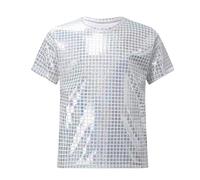 SoLu DAY8 Shiny Sequin T Shirt Kids Boys 2-18 Years Square Checkered Crew Neck Short Sleeved Tshirt for Teenagers Boys Cute Casual Performances Party Vacation (12-13 Years, Silver)