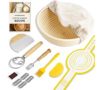 SoLuna.® Sourdough Starter Kit for Bread Making with Banneton Proofing Basket 23cm Round, Handmade, Eco-friendly, Indonesian Rattan - Sourdough Starter Supplies Kits, Bread Baking Accessories (Yellow)