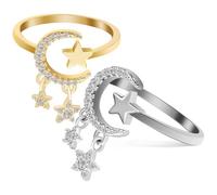 SOLUSTRE 2 Pcs Star Moon Open Rings for Women Adjustable Finger Rings with Delicate Design and Shiny Zircon Decoration Easy to Wear Suitable for Weddings and Anniversary